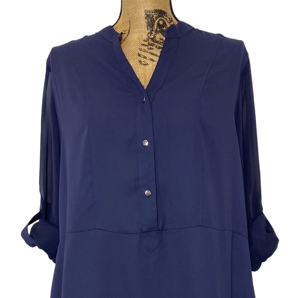 Navy Sheer V-Neck Long Sleeves Blouse L - Picture 3 of 10
